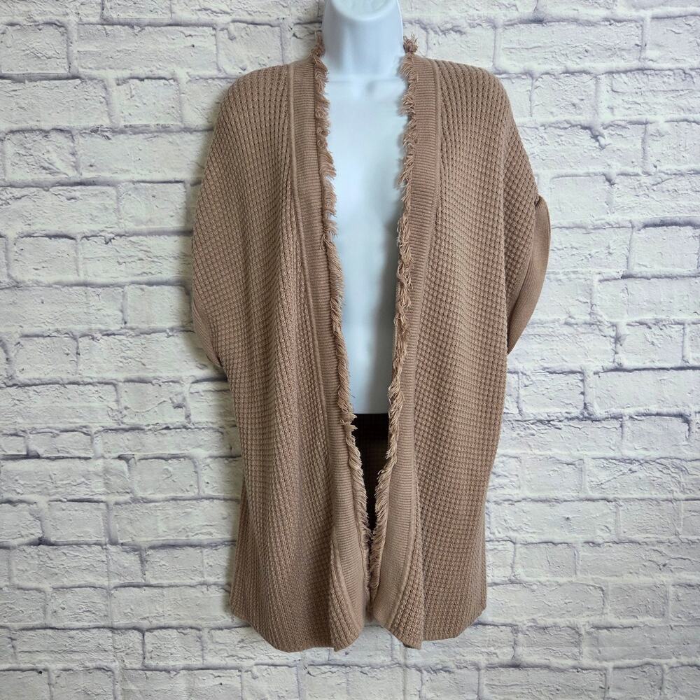 J.Jill Womens Large Tan Knit Open Front Fringed Cardigan Waffle Sweater